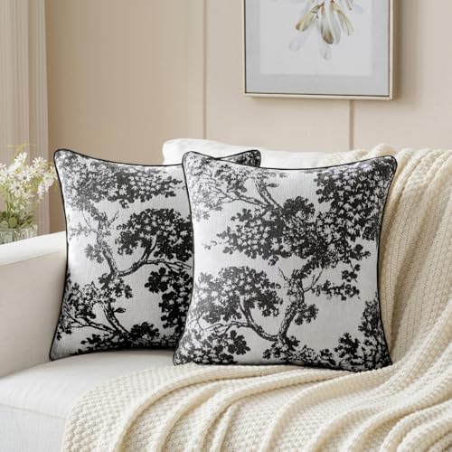 Mantle & Mason Floral 18x18 Throw Pillow Covers Set of 2, French Vintage Woven Jacquard Decorative Accent Pillow Cases for Couch, 430GSM Thick Chenille & Luxury Velvet, Black - color: Tree Pattern Black, size: 18" x 18" (Pack of 2)