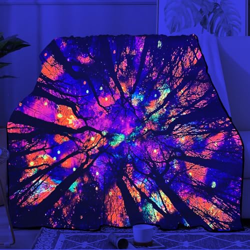 Blacklight Galaxy Forest Throw Blankets UV Reactive Night Sky Throw Blanket Glow in the Dark Under Black Lights Game Room Decor Soft Throw Gifts 59x51 Inches - color: Bl Forest Silhouette
