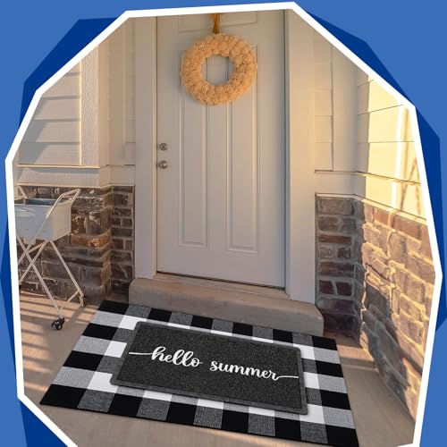 Geelin 2 Pcs 30'' x 18'' Doormat 43'' x 27.5'' Black and White Layered Rug for Front Door Mat Outside Entrance Welcome Door Mats for Indoor Outdoor Entryway Porch Decor(Hello Summer) - style: Hello Summer