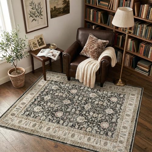 jinchan 4x6 Washable Vintage Area Rug, Distressed Traditional Floral Dining Room Rug, Soft Low-Pile Non-Slip Floor Mat for Bedroom Nursery Home Office Living Room, Black - color: Oriental Taupe on Black, size: 4' x 6' (Rectangular)