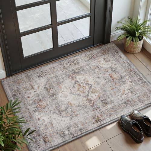 AMOAMI-2X3 Small Rug-Washable Rugs Entryway Mat Indoor-Soft Vintage Non Slip Rugs for Kitchen Laundry Room Bathroom Grey Decorative Accent Rug for in Front of Sink 24 Inch x36 Inch - color: Grey, size: 2' x 3' (Rectangular)