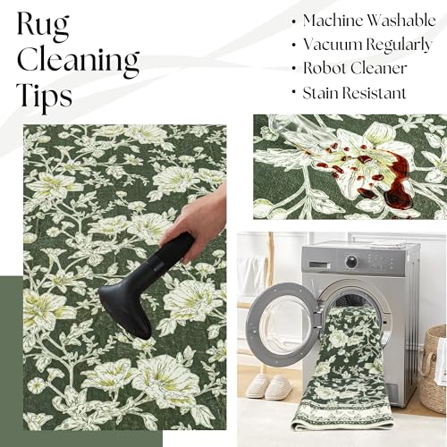 Olive Green Floral Print Area Rugs for Bedroom Living Room Boho Farmhouse Country Rustic Dining Room Carpet Soft Washable Rugs Non Slip Floor Covering for Nursery Playroom 2x6 - color: Sketch Floral Olive Green, size: 2' x 6' (Rectangular)