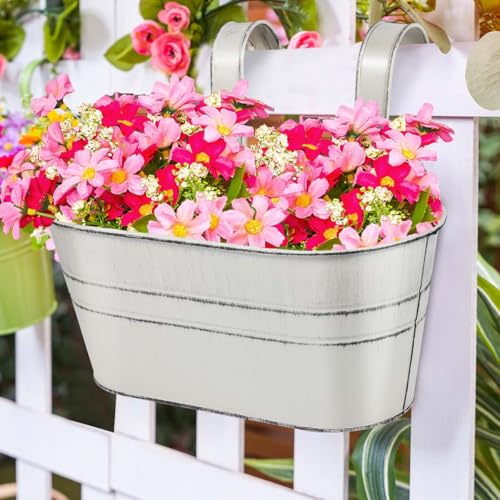 OBTANIM 4 Pack Metal Hanging Flower Pots Iron Railing Planter Outdoor Fence Hanging Pots Bucket Plant Holder with Detachable Hooks Drain Holes for Home Garden Yard Decor (White) - color: White