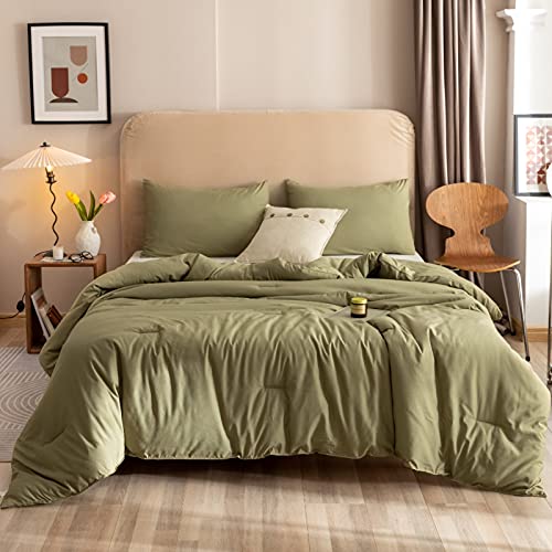 ROSGONIA Queen Comforter Set Olive Green, 3pcs Bedding Sets Queen (1 Boho Olive Comforter & 2 Pillowcases), All Season Lightweight Blanket Quilt - color: Olive Green, size: Queen Comforter 90"x90"