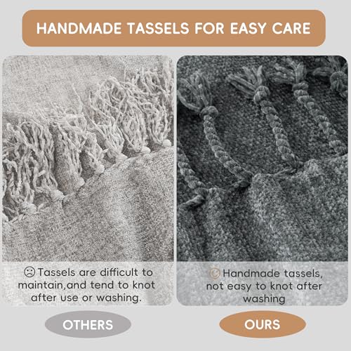 BATTILO HOME Dark Gray Chenille Throw Blanket for Couch, Soft Cozy Textured Knit Throw Blanket with Handmade Fringe Tassels, Lightweight Decorative Farmhouse Blanket for Sofa Bed Chair, 50"x60" - color: Dark Grey