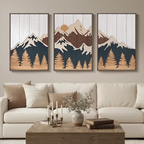 Framed Wood 3D Mountain Textured Wall Art for Living Room, Set of 3 Farmhouse Modern Wood Artwork for Walls, Large Mountain Forest Landscape Wall Art Decor for Home Office Bedroom Hallway, 20x30 Inch - color: Neutral Blue White, size: 20" W x 30" H x 3Pcs