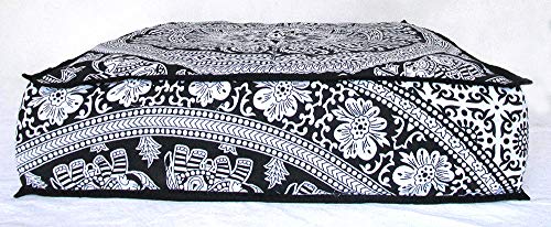 CRAFT KALA Mandala Floor Pillow Cushion Cover Seating Throw Cover Hippie Decorative Bohemian Ottoman Poufs Pom Pillow Cases Boho Indian Cotton Living Room Yoga Home Décor 24" Square Black and Elephant - color: Black and Elephant, size: 24" x 24" (Pack of