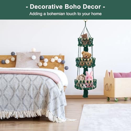 3-tier Hanging Fruit Baskets for Kitchen, Woven Cotton Rope Fruit Hammock, Macrame Hanger Holder for Fruit Vegetable Produce Storage & Organization, Boho Hanging Plant Holder fot Indoor Outdoor - color: Dark Green