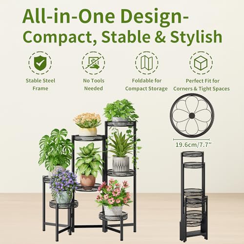 Plant Stand Indoor Outdoor, 7 Tier Large Plant Stand with 7.9-Inch Wide Drainage Tray, Tiered Corner Metal Iron Flower Display Holder Shelf, Folding Tall Rack for Patio Balcony Porch - BlackFlower - color: BlackFlower, size: 7-tiers