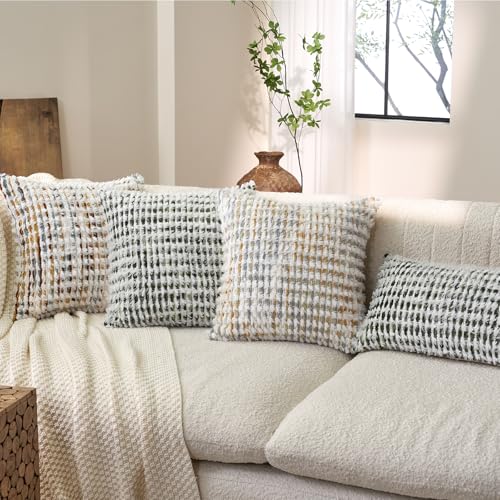 Aeckself Boho Chenille Tufted Pillow Cover 18 x 18 Inch, Decorative Square Throw Pillow Cover Neutral Pillowcase for Couch Bedroom Living Room, Yellow White - color: Yellow White, size: 18" x 18" (Pack of 1)