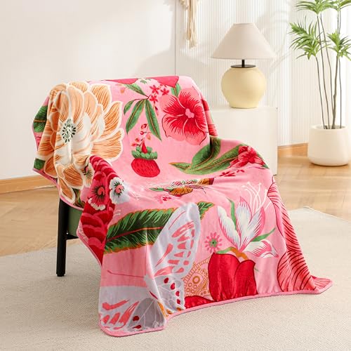 Tyrot Pink Boho Floral Valentine Flannel Fleece Throw Blanket – Soft, Warm & Lightweight Fuzzy Blanket for Couch, Bed, or Sofa Decor, Cute Botanical Design for Women & Girls, 50''x60'' - color: Boho Rose, size: Throw(50''x60'')