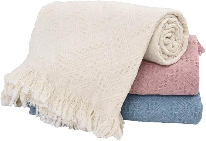 Simple&Opulence 100% Cotton Throw Blanket for Bed, Couch, Boho Luxury Geometric Knit Woven Blanket with Tassels Soft Lightweight Cozy Breathable, Vintage Farmhouse Decoration for All-Season(Blue)