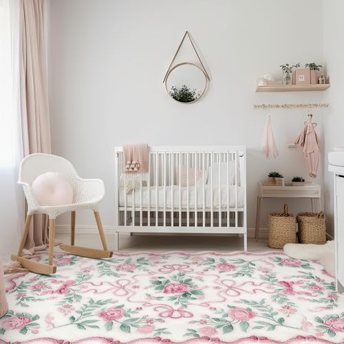 Drydiet Rug Boho Area Rugs 4'x6' Cute Sweet Scalloped Throw Rugs Aesthetic Soft Bedroom Carpet for Living Room Dining Playroom Nursery Family Indoor Dorm (Vintage Bow) - style: Vintage Bow