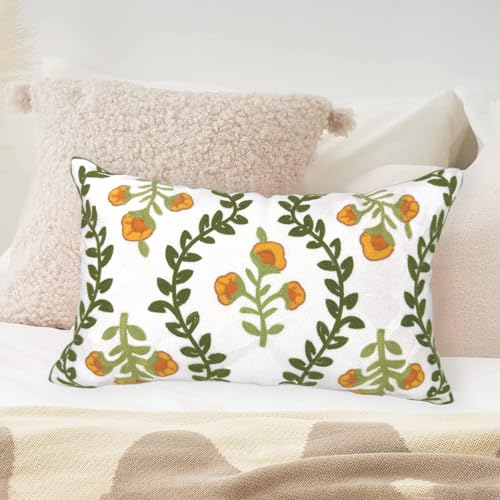 Alysheer Flower Embroidered Summer Decorative Lumbar Throw Pillow Cover 12"x 20", Farmhouse Cottage Orange Floral Green Leaves Patterned Cotton Canvas Cushion Case for Sofa Couch Bed Living Room - color: Orange Green, size: 20" x 12" (Pack of 1)