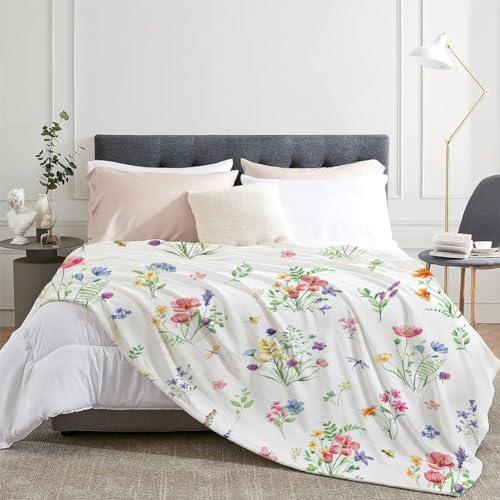 Colorful Wildflowers Throw Blanket Botanical Plant Bed Blanket Watercolor Floral Flower Blankets Soft Flannel Fleece Throw Blanket Boho Cozy Fluffy Plush Blankets 50" X 60" - color: Wildflowers, size: 50" X 60"