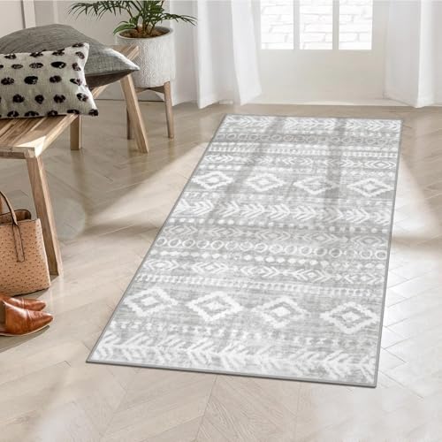 Lahome Moroccan Entryway Rug 2x4, Non Slip Washable Rubber Backing Mat, Boho Grey Tribal Print Retro Bedside Rugs, Low Pile Soft Indoor Small Throw Carpet for Front Door Bathroom Bedroom Varena - color: Grey/White, size: 2' x 4'