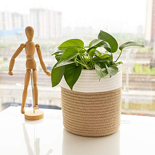 TIMEYARD Jute Rope Plant Basket Small Woven Storage Baskets for Up to 7" Planter, 8" x 8" Decorative Plant Pot Cover Woven Planter Basket Laundry Baskets with Handles Modern Home Décor - color: Jute Mixed White, size: 8" x 8"