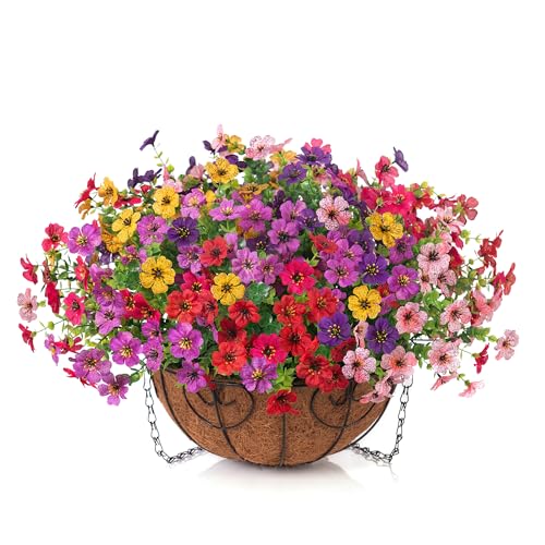 HyeFlora Artificial Fake Hanging Plants Flowers with Basket Outdoor Decor Faux Silk Dasiy Flower Arrangements in Pot Planter for Porch Home Indoor Patio Garden Yard Decoration - color: 6 Multicolor