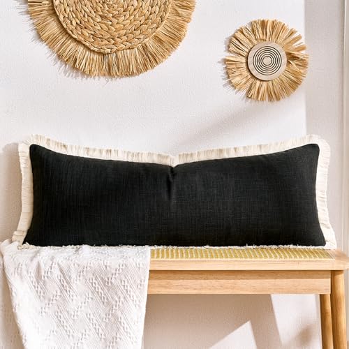 Boho Pillow Covers 14x36 Inch Black Rectangular Pillow Cover Farmhouse Pillowcase Faux Linen Long Body Pillow for Bedroom Living Room Couch Sofa Home Décor Pack of 1 - color: Black, size: 36" x 14" (Pack of 1)