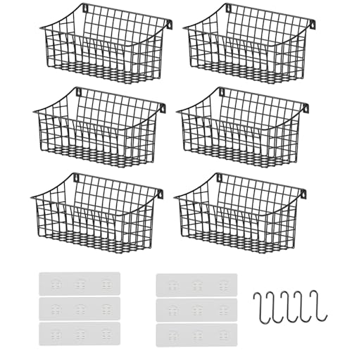 Sonyabecca 6 Pack Hanging Wall Basket for Organizing, Large Wire Basket for Storage Pantry with 5 S Hook+6 Adhesive Hook, Wall Mounted Shelf for Kitchen Bathroom - size: 13"L x 6.3"W x 6.02"H-6Pack
