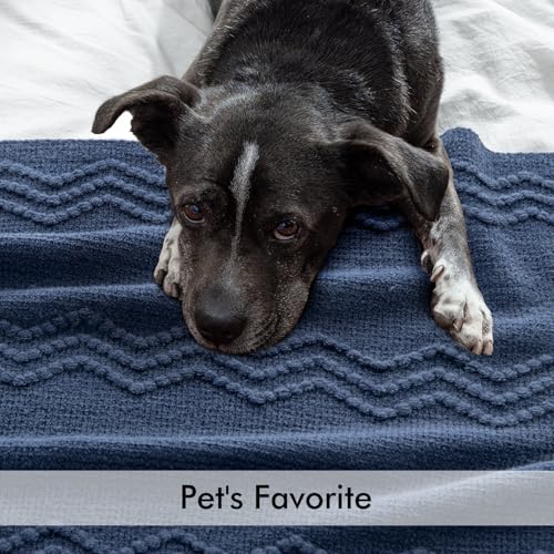MIULEE Navy Blue Knitted Throw Blanket for Couch Textured Knit Blanket with Tassels Cozy Woven Boho Bed Blanket for Sofa Bed Chair Acrylic Wave Pattern 50"x60" - color: Navy Blue, size: 50" x 60"