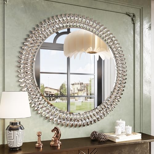 Kelly Miller 36" Large Round Jeweled Wall Mirror, Luxury Diamond Beveled Decorative Mirror for Bedroom Living Room Bathroom Hallway Entryway Fireplace - size: 36"L x 36"W