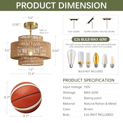 12.4” Boho Rattan Chandelier Light Fixture, 1-Light Hand Woven Pendant Light Fixture Farmhouse Rustic Hanging Lamp for Kitchen Island Bedroom, Dining Room, Living Room, Entryway, Foyer - color: Brown, size: 12.4" 1-Light