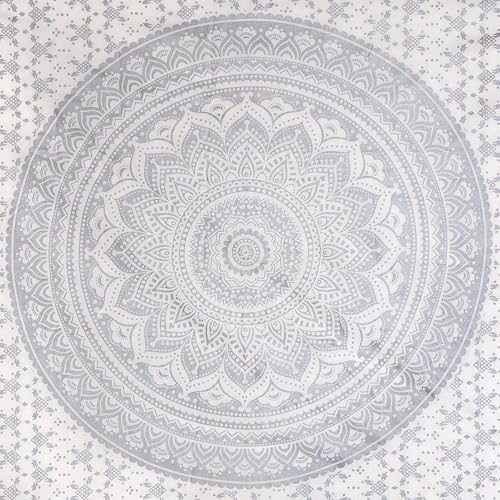 FURNISHFUL FINESSE Hand Block Print Cotton Mandala Wall Tapestry - White Silver Ombre Boho Wall Decor, Bohemian Hippie Room Hanging for Bedroom, Dorm & Living Room Aesthetic - 90x108 Inches - color: Silver, size: 108"L x 90"W