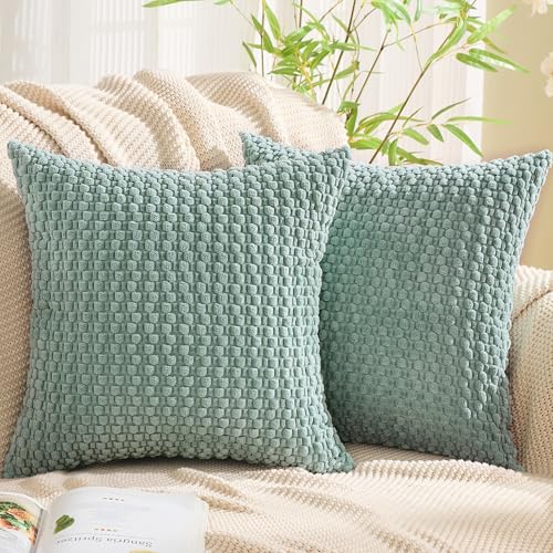 GAWAMAY Decorative Throw Pillow Covers 20x20 Inch Set of 2 for Living Room Couch Bed Sofa, Farmhouse Square Cushion Cover Soft Striped Corduroy Pillow Cases Boho Accent Home Decor (50x50cm) Aqua Blue - color: Aqua Blue, size: 20" x 20" (Pack of 2)