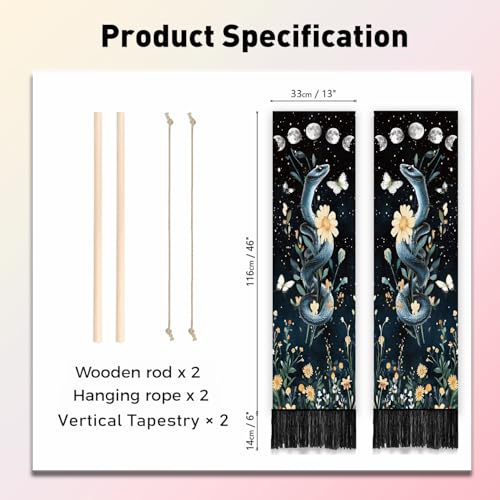 PLIGREAT 2 Pack Snake Wall Tapestry, 52" x 13" Moon Phase Vertical Tapestry with Tassel Aesthetic Floral Plants Wall Hanging Mystical Long Narrow Decor for Bedroom Living Room Home Decor - color: black,yellow