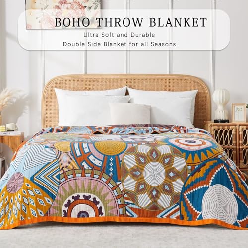 Boho Blanket Soft Muslin BohoThrow Blanket, 100% Cotton Floral Printed Farmhouse Decor All Season Reversible Rustic Throw for Sofa Couch Chair (Orange, 90"x98") - color: Orange, size: 90"x98"