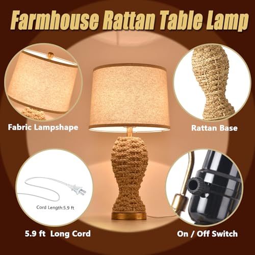 24.4" Boho Table Lamps for Living Room, Bedside Lamp for Nightstands, Rattan Lamp Wicker Lamp for Bedroom, Farmhouse Rustic Woven Table Lamp for Kitchen Room Decor, End Table, Retro(No Bulb) - color: Rattan-B