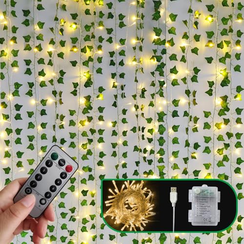 Freyalife Artificial Vines with LED Fairy Lights, 33ft Green Silk Ivy Garland, 8 Light Modes, Remote Control, Indoor Decor for Bedroom, Living Room, Wedding, Party - color: Ivy String Lights-Remote controlled, size: 12Pack Vines-80LED