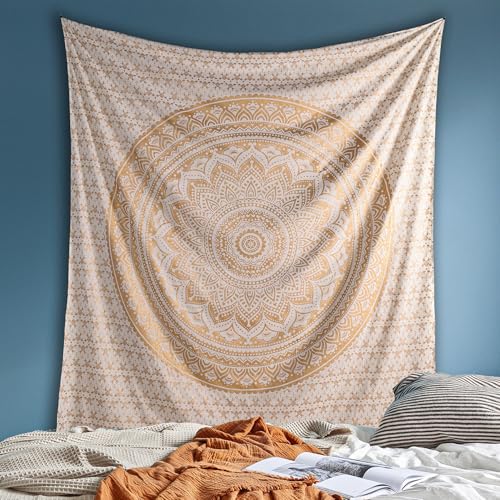 THE ART BOX Glittering Gold Tapestry Wall Hanging Mandala- Indian Cotton Throw Hippie Tapestries - Boho Bedding White Golden Queen Bedspread 85x90 inches-Meditation Yoga Rugs Mats - color: Gold and White, size: 85"L x 90"W