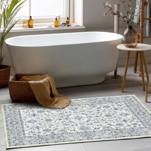 Area Rug for Living Room 2x3,Large Machine Washable Vintage Oriental Soft Carpet, Low Pile Thin Floor Area Rugs with Non Slip Backing for Office Door Mat Kitchen Bathroom Indoor Dorm Dining Room - color: Blue, size: 2x3