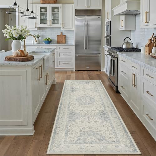 2x5 Blue Washable Vintage Area Rug for Living Room Bedroom Soft Tranditional Non Slip Runner Rug Lightweight Floral Low Pile Distressed Doormat Entrance Dinning Laundry Room Kitchen Bathroom - color: Vintage | Blue, size: 2'x5'
