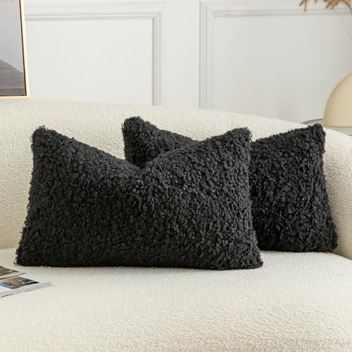 Pack of 2 Curly Teddy Wool Faux Fur Throw Pillow Covers Fuzzy Accent Soft Sherpa Pillowcases Sheepskin Fleece Decorative Cushion Case for Sofa Couch Living Room 12x20 Inch Black - color: Black, size: 20" x 12" (Pack of 2)