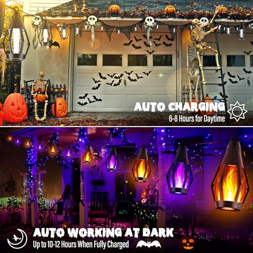 iBaycon Solar Halloween Lights, 42Ft 15 LED Bulbs Flickering Flame String Light, Outdoor Waterproof Solar Flame Lights for Garden Yard Patio Halloween Decorations (Warm White + Purple) - color: Warm White+Purple, size: 42FT