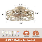 20" Caged Ceiling Fans with Lights and Remote, Bladeless Ceiling Fan 6 Speed Reversible with 4 Bulbs and Remote Control,Flush Mount Caged Ceiling Fan for Bedroom, Living Room, (Include Bulbs) - color: White brushed gold(with light bulb)