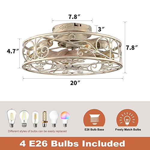 20" Caged Ceiling Fans with Lights and Remote, Bladeless Ceiling Fan 6 Speed Reversible with 4 Bulbs and Remote Control,Flush Mount Caged Ceiling Fan for Bedroom, Living Room, (Include Bulbs) - color: White brushed gold(with light bulb)