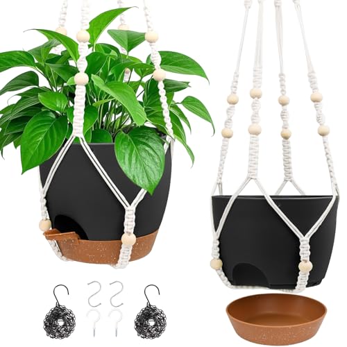Hanging Planters for Indoor Outdoor Plants, 2 Pack Self Watering Hanging Pot with Drainage Holes, Removable Tray & 2 Kinds of Plant Hangers, 8'' Hanging Flower Pots for Home Garden Decor, Black - color: Ivory+black+black, size: 8''
