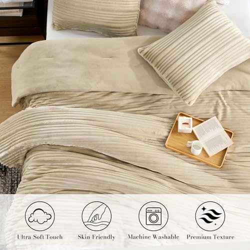 Amélie Home High-End Fleece Twin Comforter Set,Cozy Warm Striped Plush Bedding Set, 3 Pieces, 1 Cozy Comforter with 2 Pillowcases, Beige, 68"x90" - color: Striped Beige, size: Twin (68"x90")