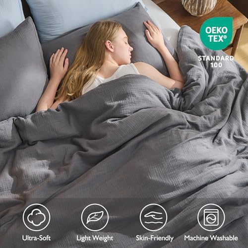EMME Muslin Cotton Duvet Cover Set Dark Grey Twin Size Linen Like Soft Breathable Lightweight Summer Comforter Cover Set with Zipper Closure (Dark Grey, Twin, 68"x90") - color: 05 - Dark Grey, size: Twin(68"×90")