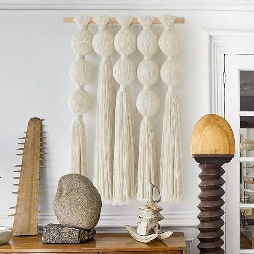 Flber Macrame Wall Hanging with Geometric Yarn Spheres, Handwoven Cotton Tassel Art for Boho Bedroom or Living Room Wall Decor 15.7" W x 19.6" L - color: Ivory2