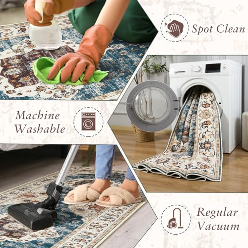 HOMORE Vintage Runner Rug-2x6 Hallway Runner Rugs for Kitchen Entryway Non Slip Washable Bedroom Rug Faux Wool Floor Carpet Runners for Indoor Front Entrance Laundry, Blue/Brown - color: Blue/Brown, size: 2' x 6' (Rectangular)