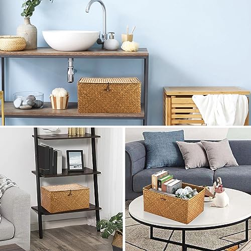 Hipiwe Wicker Shelf Baskets Bin with Lid, Handwoven Seagrass Basket Storage Bins Rectangular Household Basket Boxes for Shelf Wardrobe Home Organizer, Caramel X-Large - color: Caramel, size: X-Large