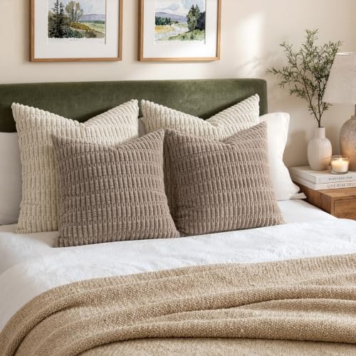 MIULEE Pack of 2 Corduroy Decorative Throw Pillow Covers 12x12 Inch Soft Boho Striped Pillow Covers Modern Farmhouse Home Decor for Sofa Living Room Couch Bed Light Brown - color: Light Brown, size: 12" x 12" (Pack of 2)