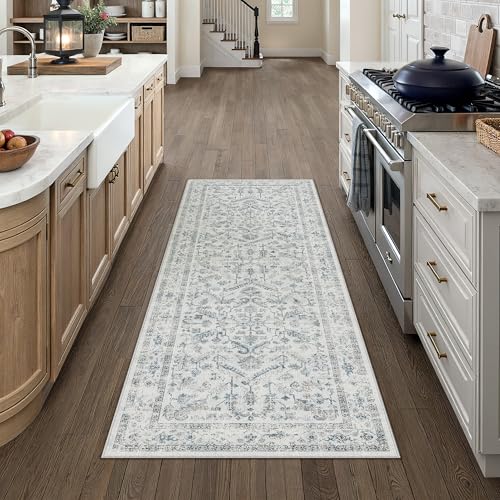PureCozy Blue 2x5 Runner Rug Vintage Area Carpet Hallway Indoor Kitchen Washable Low Pile Traditional Distressed Retro Accent Throw Rug Non Slip for Laundry Bathroom Office - color: Neutral Blue, size: 2' x 5' (Runner)