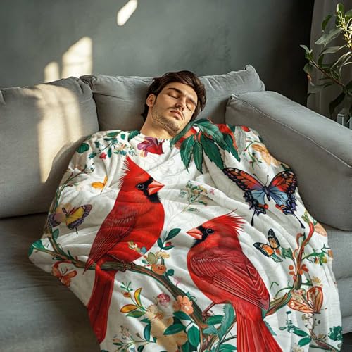 Cardinal Throw Blanket 40x50 Inches | Red Bird Floral Butterfly Fleece Blanket for Couch Sofa Bed | Botanical Farmhouse Decorative Throw Cozy Gift for Women Mom - color: Red Bird