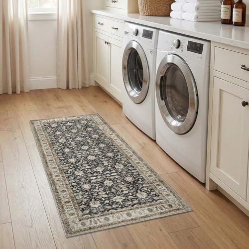 jinchan 2x5 Washable Vintage Runner Rug, Distressed Traditional Floral Hallway Runner, Soft Low-Pile Non-Slip Floor Mat for High-Traffic Kitchen Entryway Laundry Room Bathroom Vanity, Black - color: Oriental Taupe on Black, size: 2' x 5' (Runner)